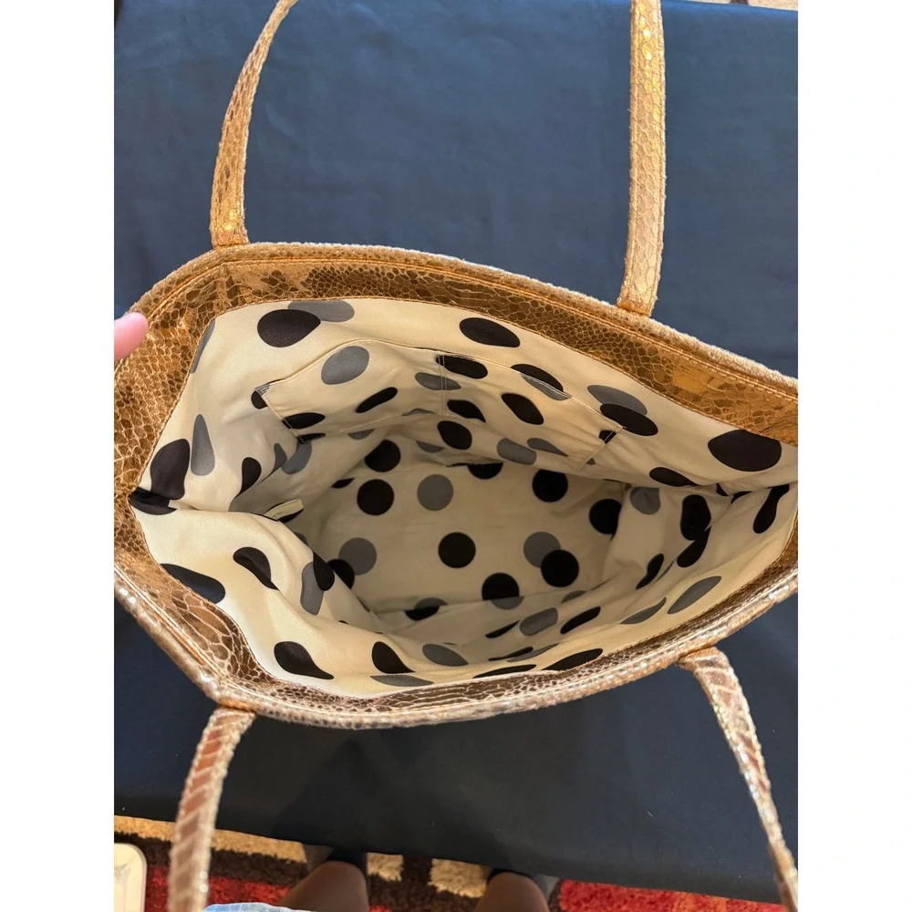 Vintage Kate Spade Gold Metallic Snakeskin Embossed Tote Bag Polka Dot Lining